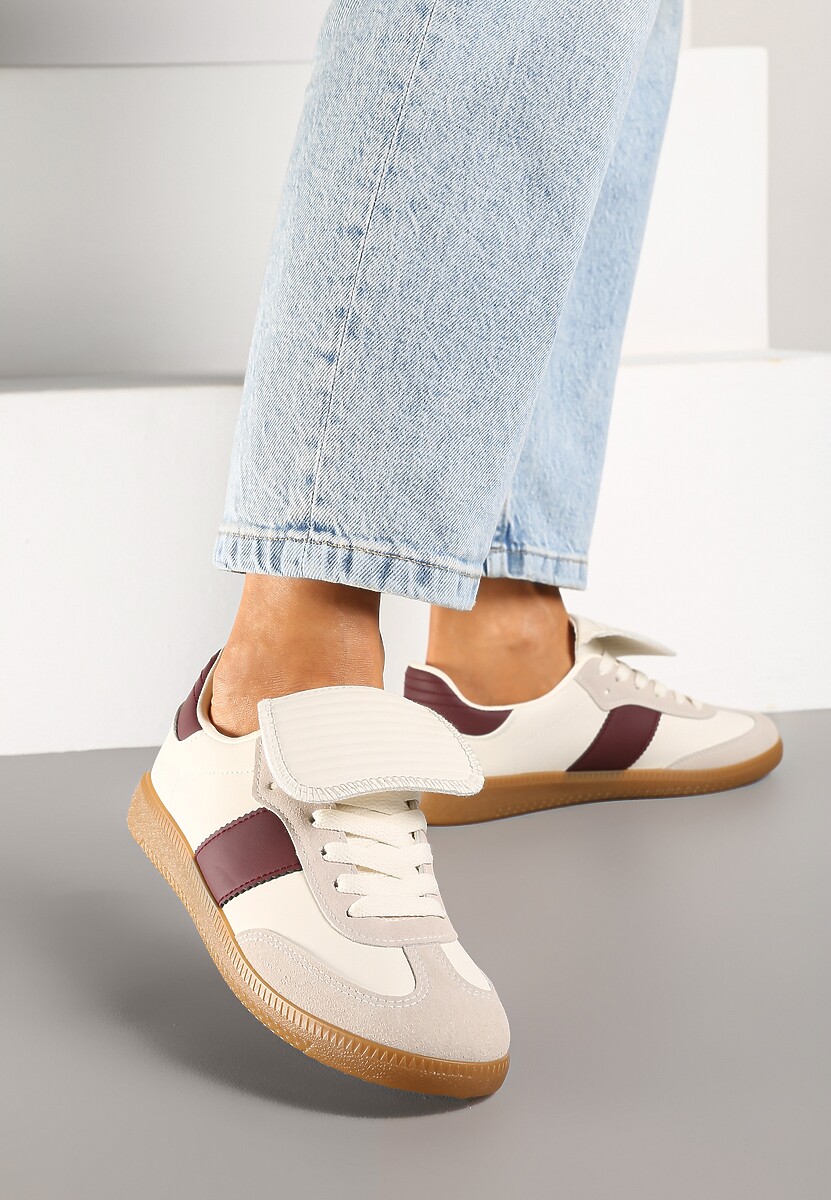 Beżowo-Bordowe Sznurowane Płaskie Sneakersy z Geometrycznym Wzorem Felilva