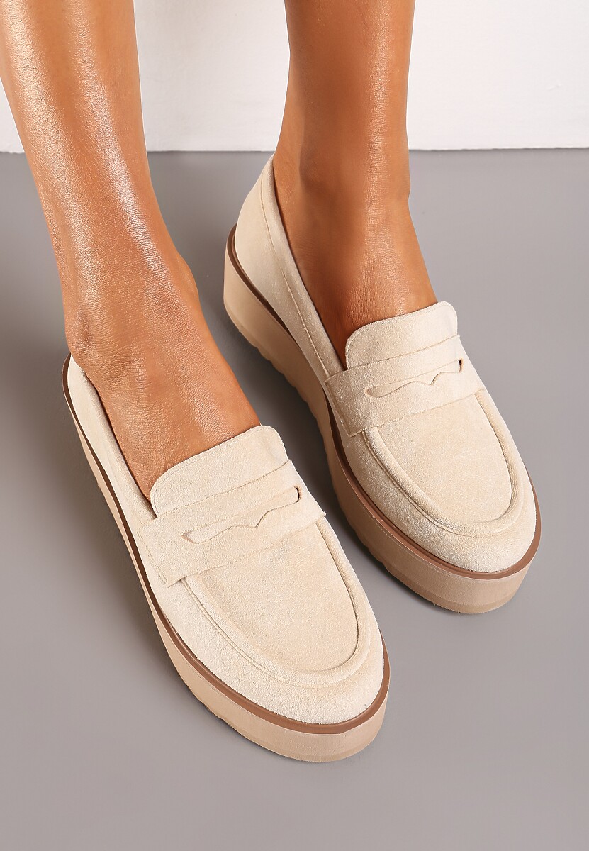 Beżowe Półbuty w Stylu Mokasynów z Imitacji Zamszu na Platformie Vhisper