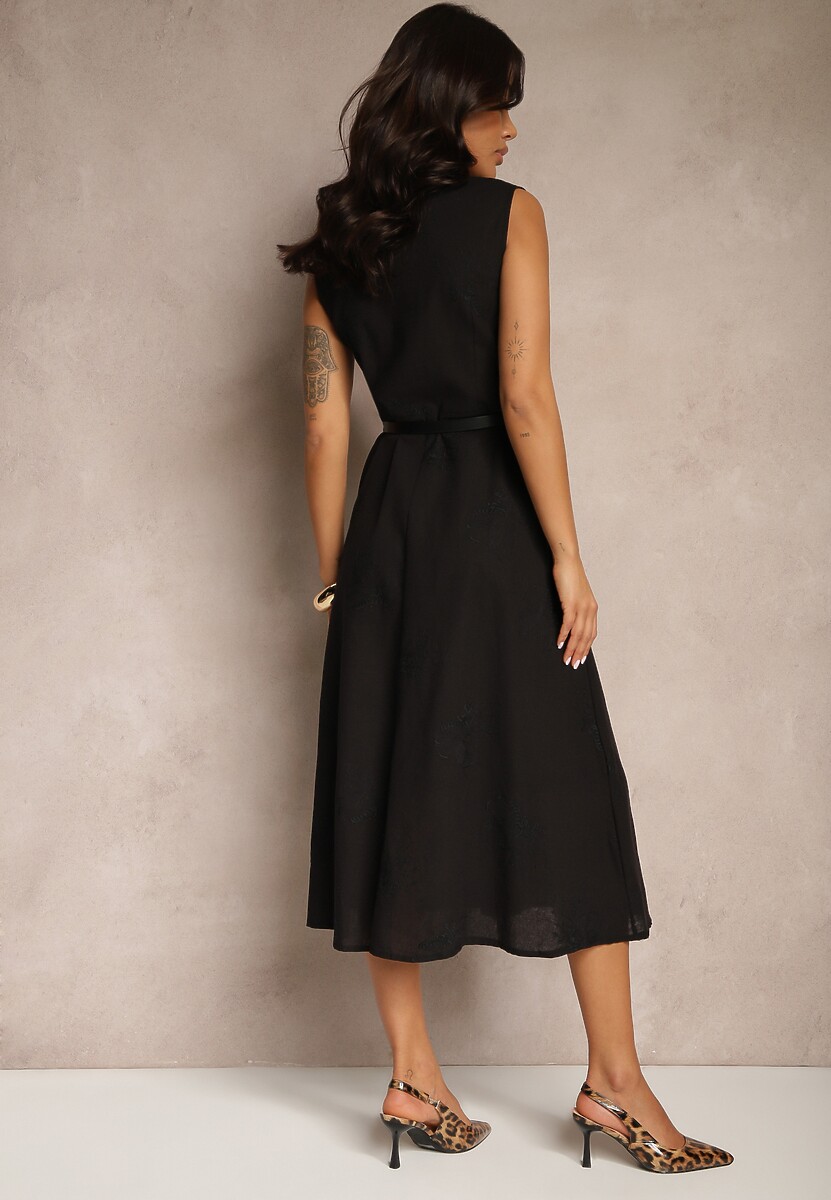 Czarna Wiskozowa Sukienka Koszulowa z Bawełną i Paskiem Artebia