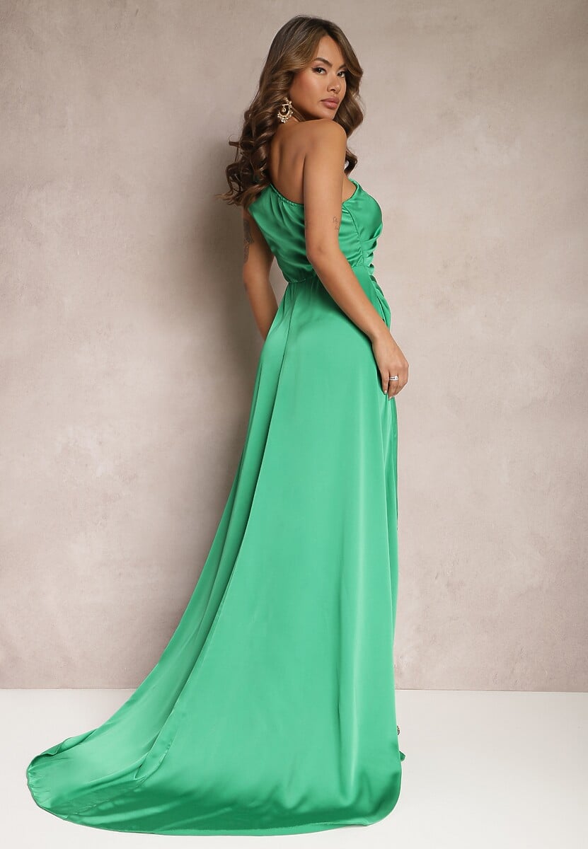Zielona Elegancka Sukienka na Jedno Ramię o Asymetrycznym Fasonie Leylane