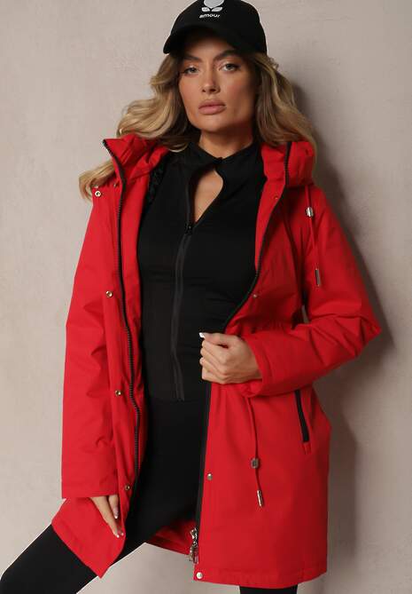 Czerwona Kurtka w Stylu Parki na Napy ze Ściągaczami w Pasie Ardodia