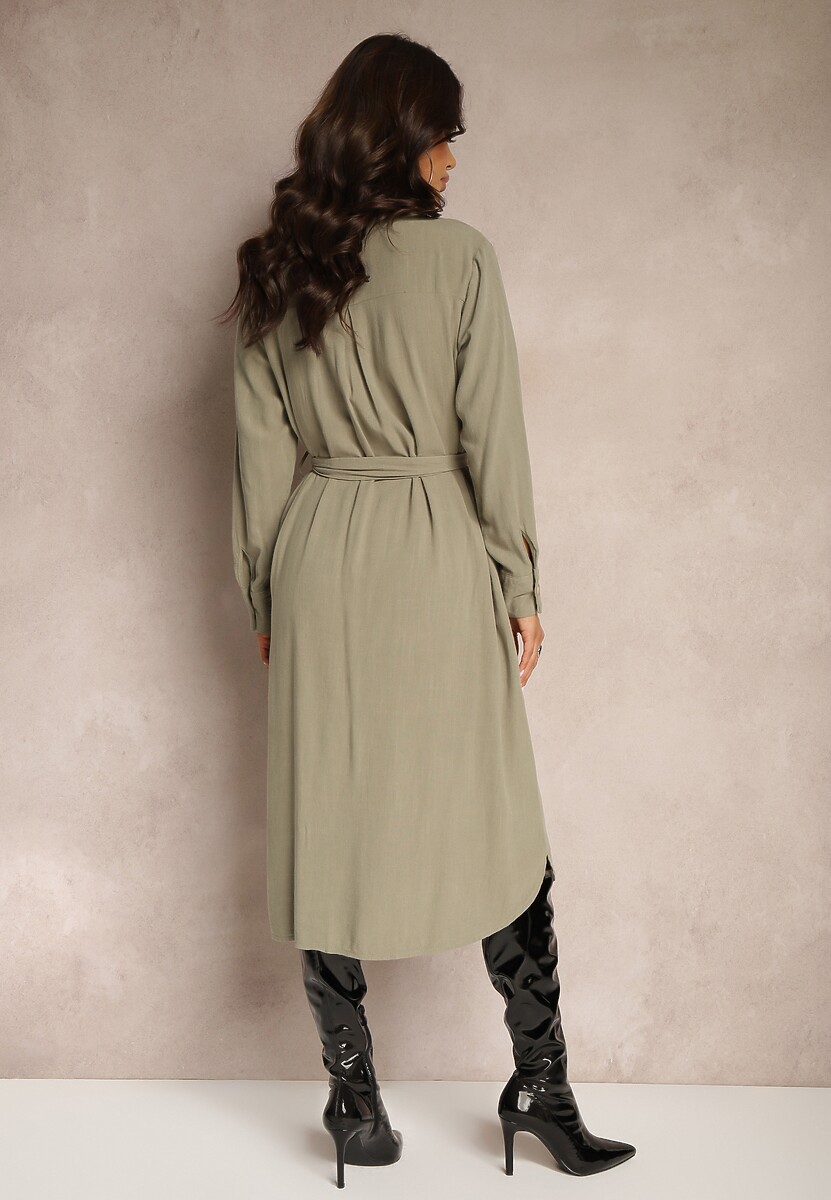 Zielona Sukienka z Bawełny o Koszulowym Kroju Wiązana w Talii Zinrose