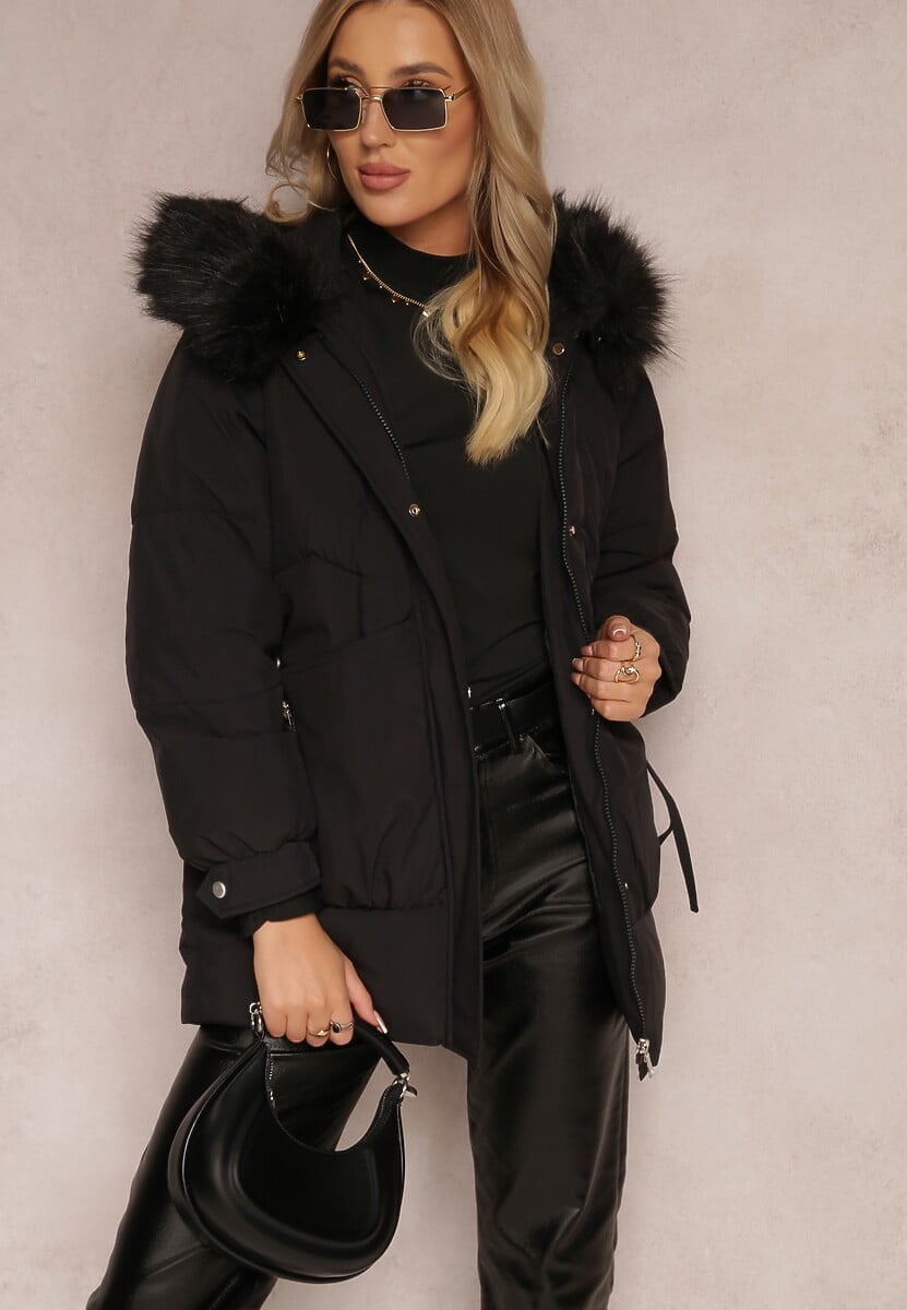 Czarna Kurtka z Kapturem i Futerkiem Mastasa