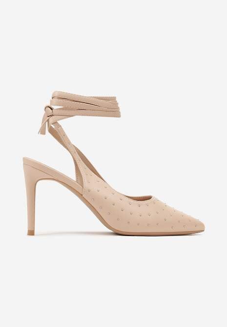 Beżowe Sandały na Szpilce z Wiązanymi Rzemykami i Cyrkoniami Jenglla
