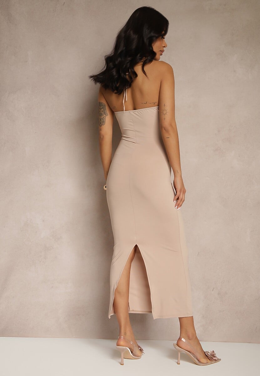 Ciemnobeżowa Sukienka Midi z Wiązaniem i Wycięciem Ozdobiona Kwiatami Zanephone