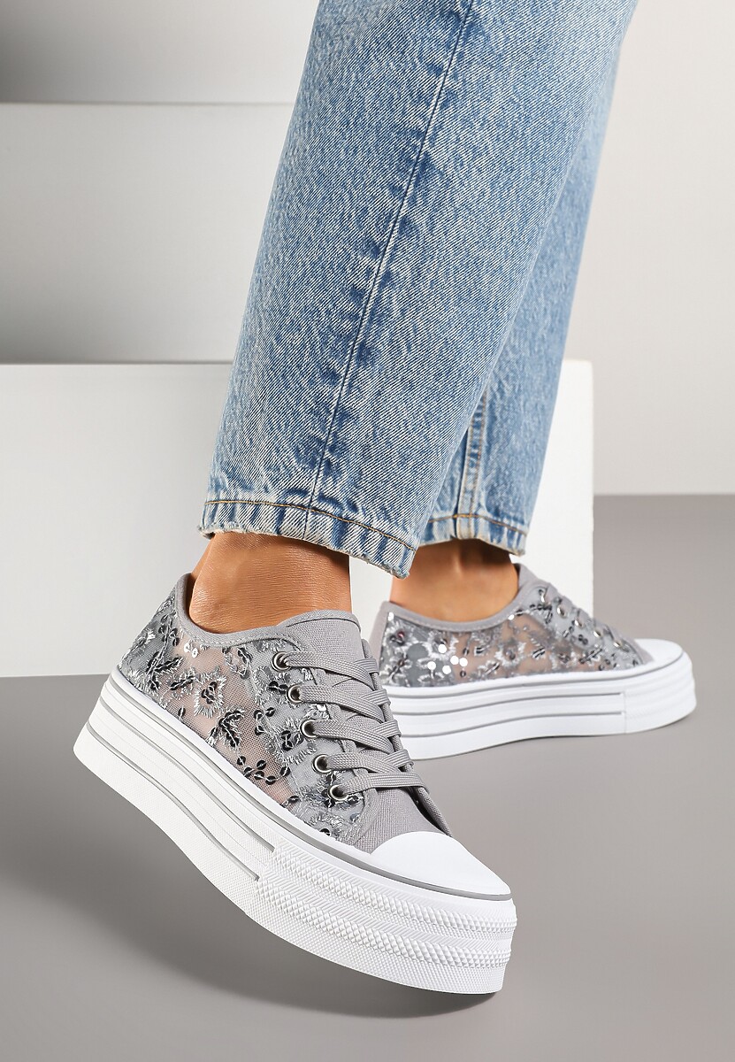 Szare Trampki Vices z Siateczki z Cekinami na Grubej Podeszwie Telanila