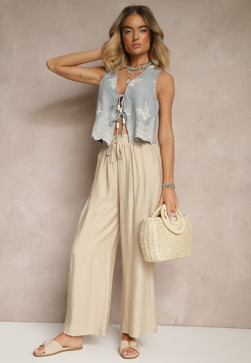 Beżowe Szerokie Spodnie High Waist z Wiskozy z Gumką w Talii Lannalie