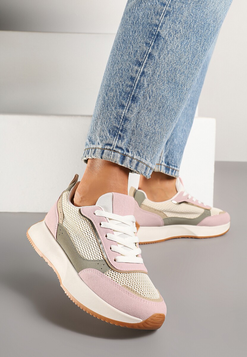 Beżowe Sneakersy Ozdobione Geometrycznym Motywem Calgis