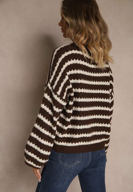 Ciemnobrązowy Oversizowy Sweter w Paski z Dzianiny z Wełną i Wiskozą Aventole