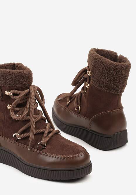 Brązowe Śniegowce Zdobione Futrem i Przeszyciami Genilea