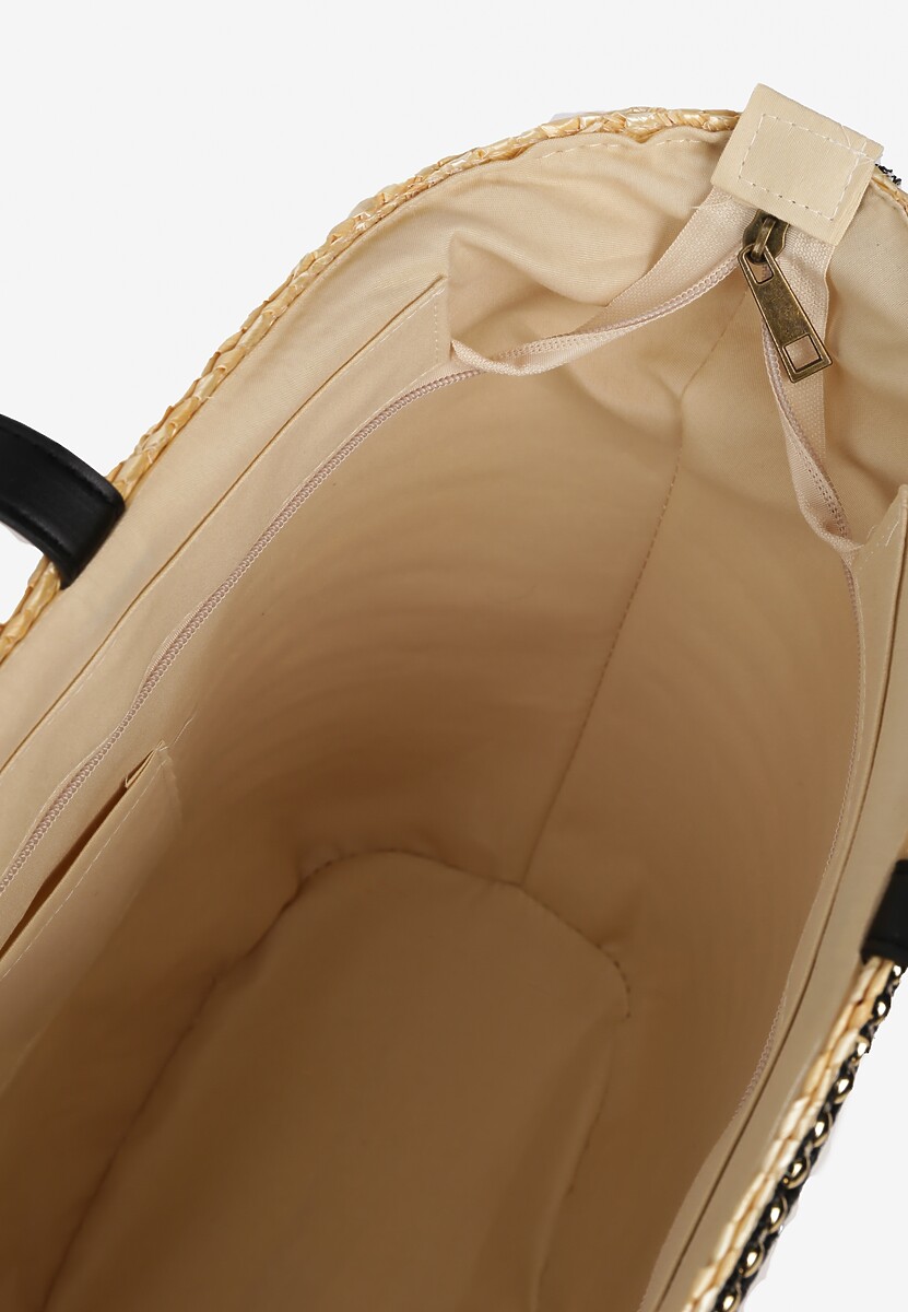 Beżowa Duża Torebka z Plecionki z Perłami Cekinami i Ozdobną Tasiemką Lirbia