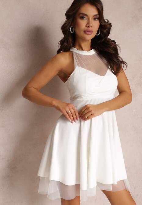 Biała Sukienka Rozkloszowana z Tiulową Wstawką Leonela