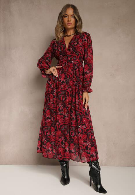 Bordowa Sukienka Maxi Rozkloszowana z Kopertowym Dekoltem Bramave