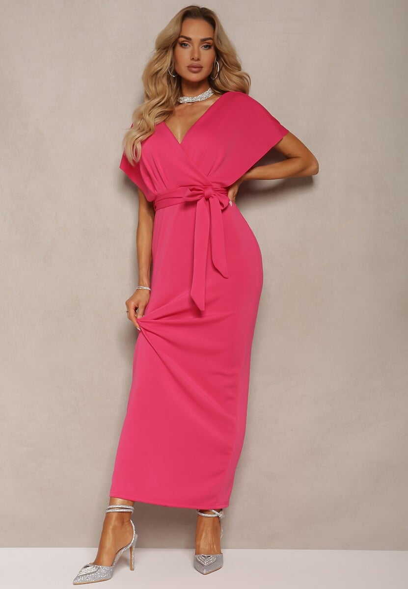 Fuksjowa Sukienka Koktajlowa z Trójkątnym Dekoltem i Materiałowym Paskiem z Rozcięciem Wilni