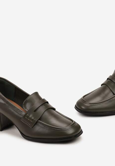 Zielone Półbuty na Niskim Słupku z Ozdobnym Paskiem i Kwadratowym Noskiem Porride