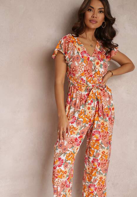 Pomarańczowo-Biały Kwiecisty Kombinezon z Wiskozy z Gumkami w Talii i Materiałowym Paskiem Kosine