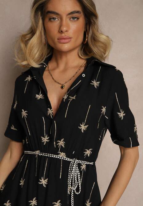 Czarna Koszulowa Sukienka z Wiskozy o Rozkloszowanym Kroju z Wiązaniem Liselithra