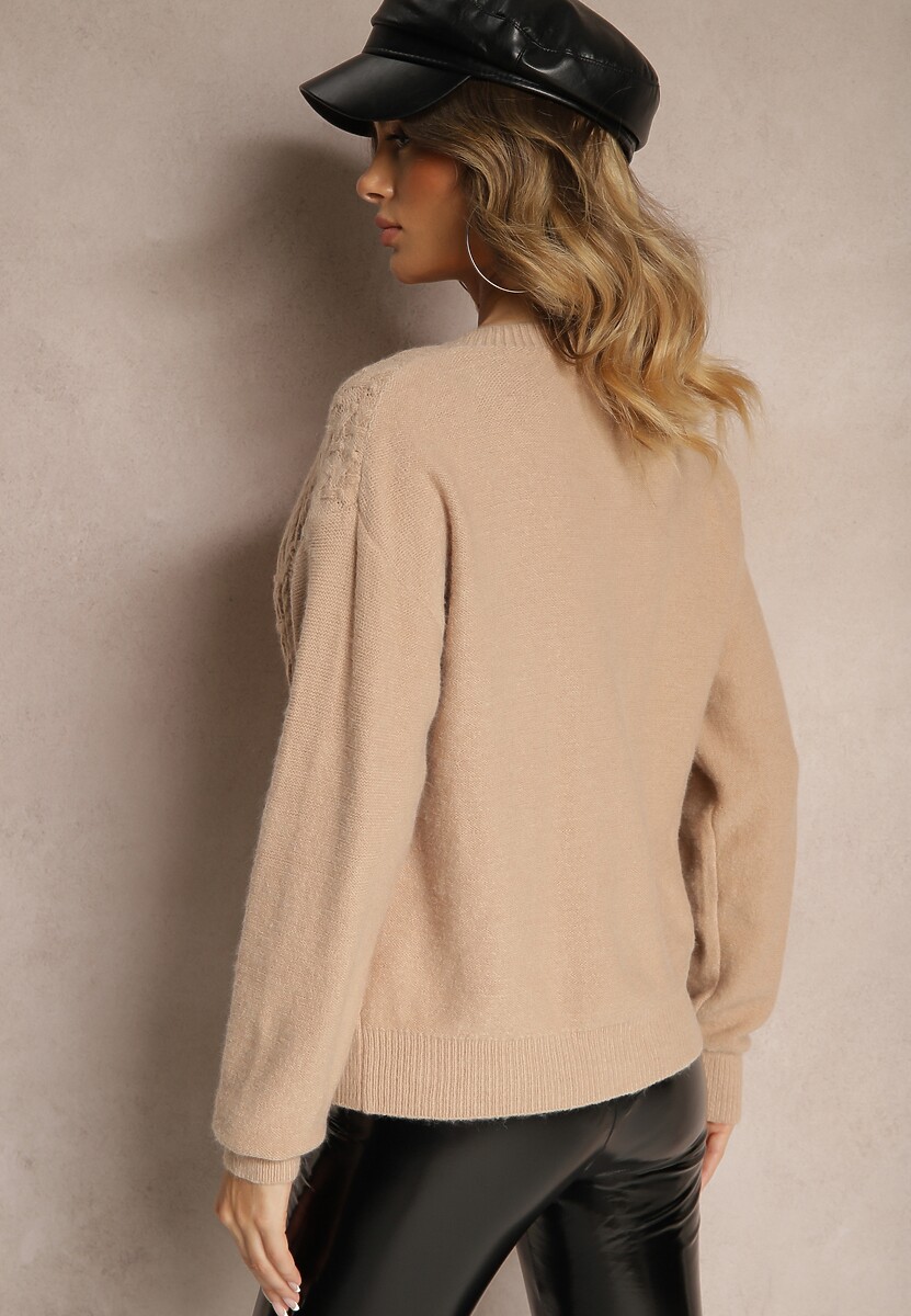 Ciemnobeżowy Ażurowy Kardigan na Guziki Nolila