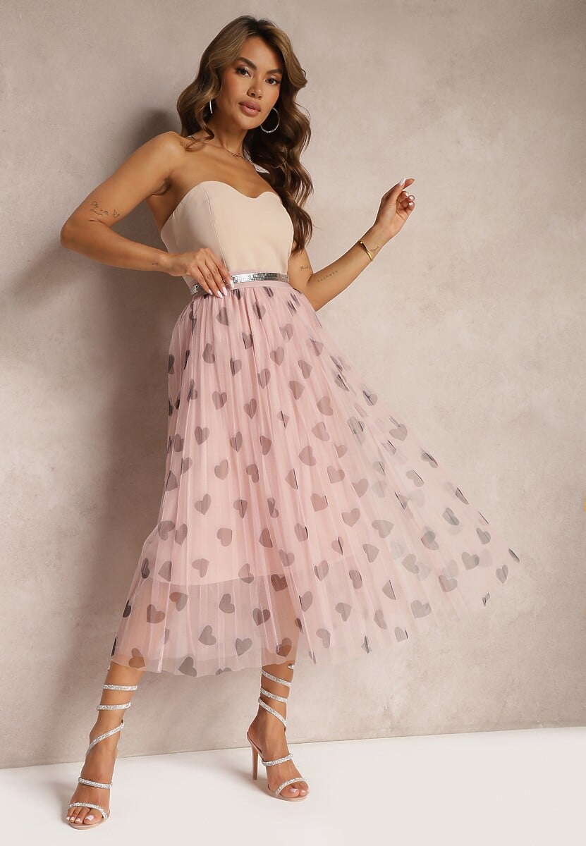 Ciemnobeżowa Tiulowa Rozkloszowana Spódnica Plisowana z Aplikacjami Serc i Gumką w Pasie Missari