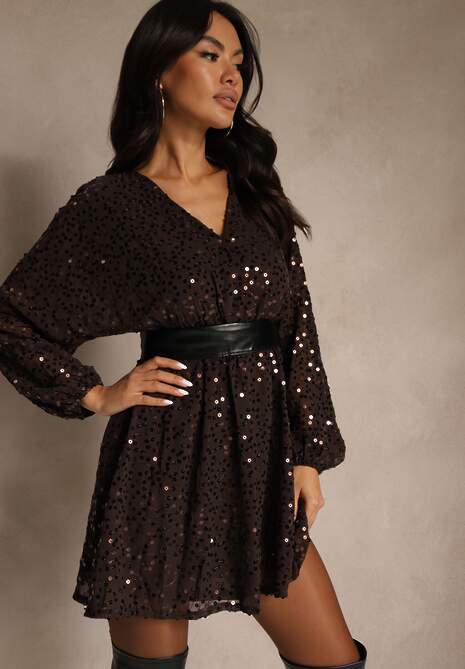 Brązowa Rozkloszowana Sukienka z Długimi Rękawami Zdobiona Cekinami Reisena