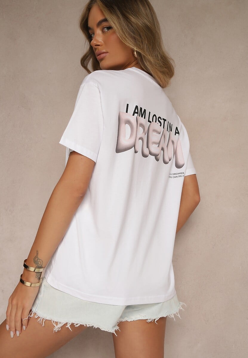 Biało-Fioletowy T-shirt z Bawełny Ozdobiony Nadrukiem Adneria