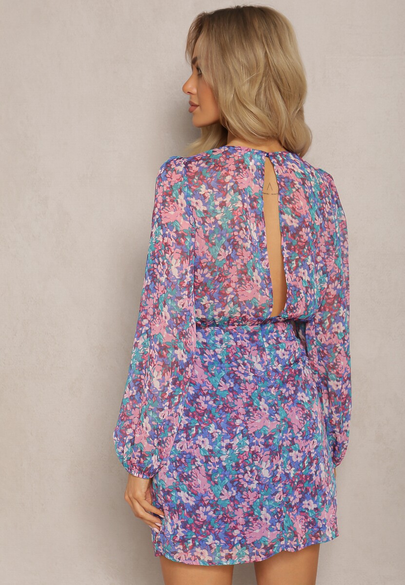 Niebiesko-Fioletowa Krótka Sukienka Kopertowa w Kwiatowy Wzór Ninora