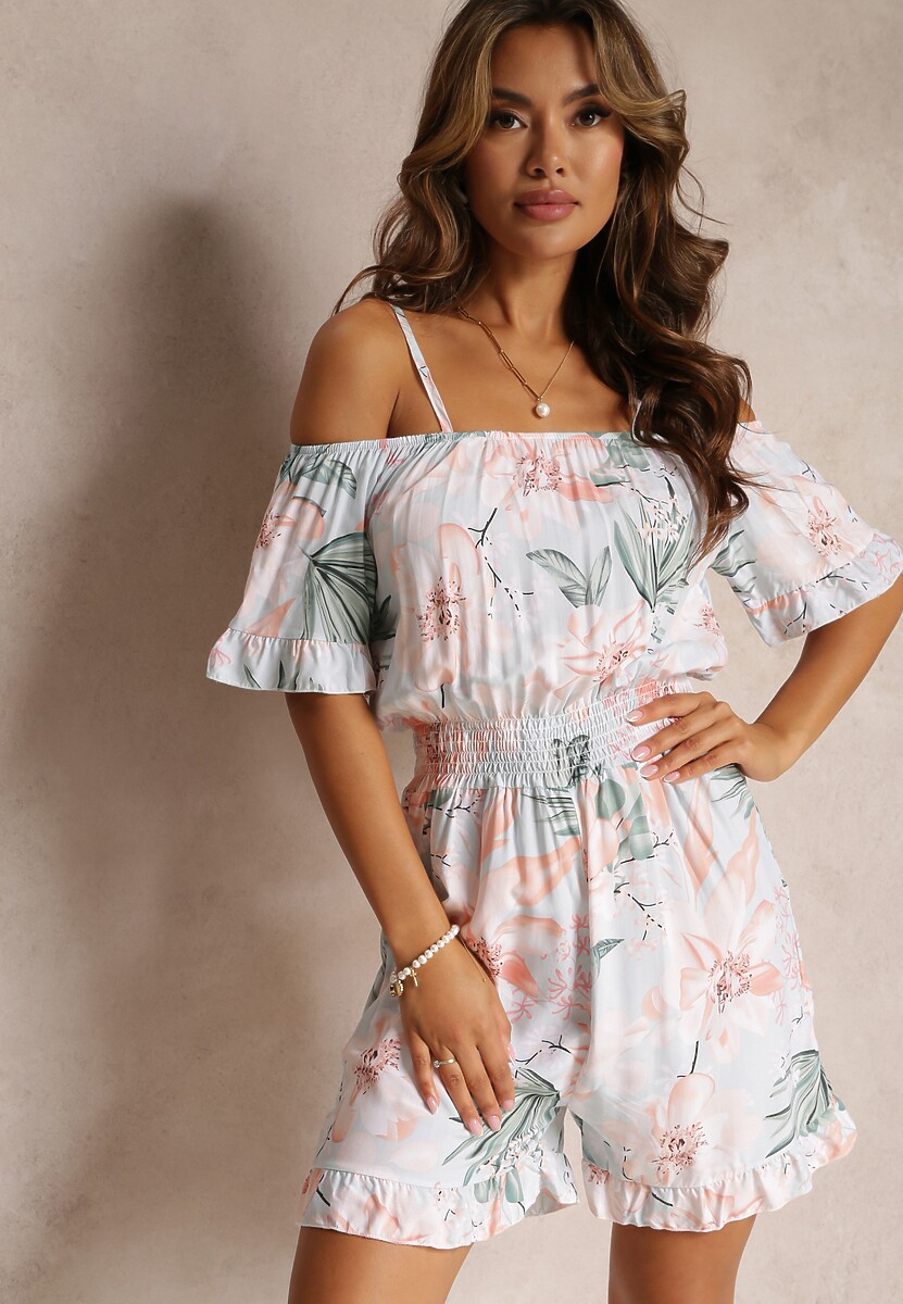 Jasnoniebieski Kombinezon z Opuszczonymi Rękawami i Gumkami w Pasie Gelissa