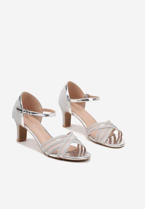 Srebrne Brokatowe Sandały na Obcasie Linevia