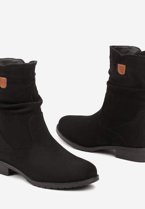 Czarne Botki  do Połowy Łydki z Imitacji Zamszu i Marszczoną Cholewką Alemiphae