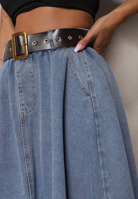 Niebieska Rozkloszowana Spódnica Jeansowa Midi z Paskiem Wendlla
