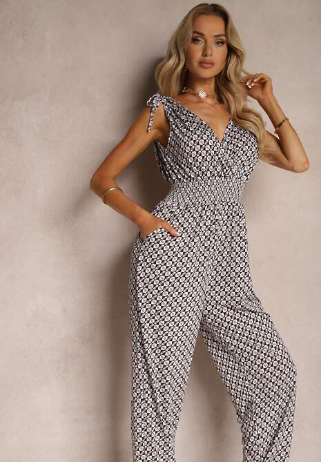 Czarno-Beżowy Kombinezon z Długimi Nogawkami i Szeroką Gumką w Talii Belamy