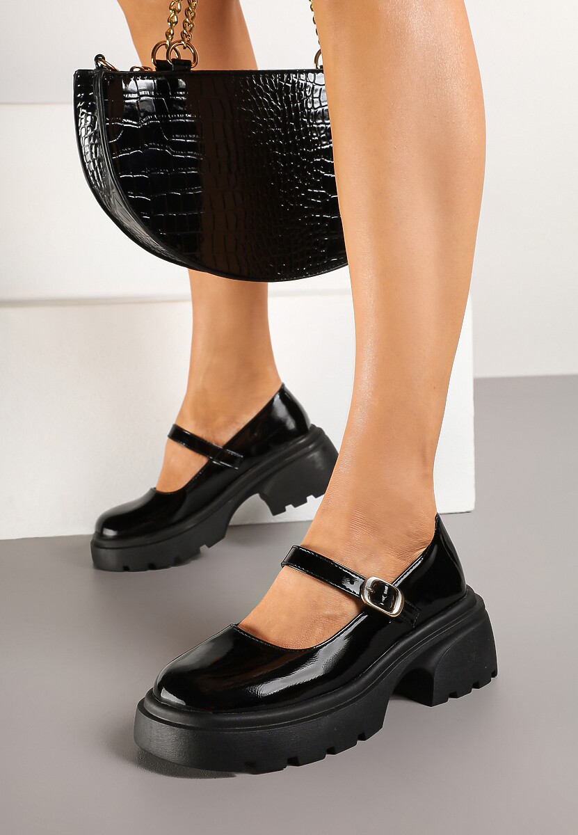 Czarne Półbuty na Platformie w Stylu Mary Jane z Paskiem Vailin