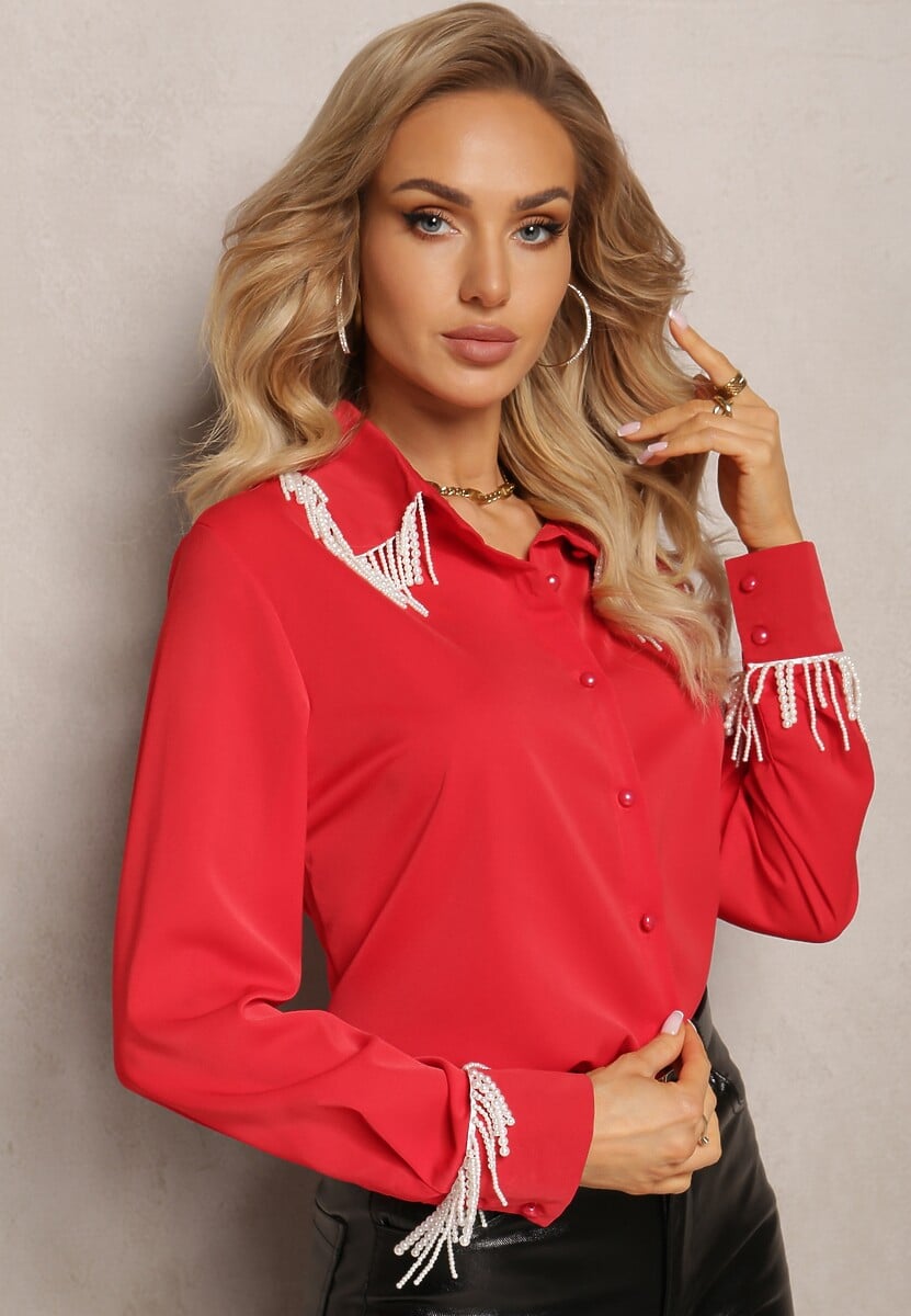 Czerwona Koszula z Długim Rękawem Ozdobiona Wiszącymi Perełkami Fadura
