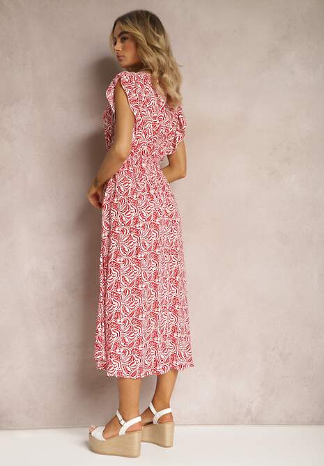 Czerwona Bawełniana Sukienka na Lato z Elastyczną Gumką w Pasie i Falbankami Przy Ramionach Jovenia