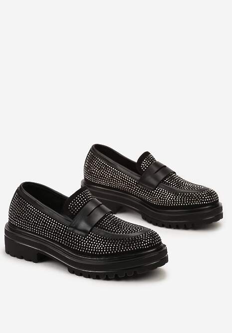 Czarne Mokasyny z Cyrkoniami na Grubej Podeszwie Veliomena