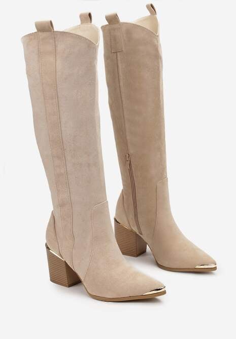 Beżowe Kozaki Kowbojki przed Kolano z Metalicznym Noskiem Caspianna