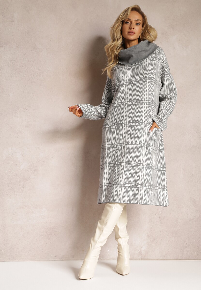 Szara Sweterkowa Sukienka Oversize z Szerokim Golfem Arnca