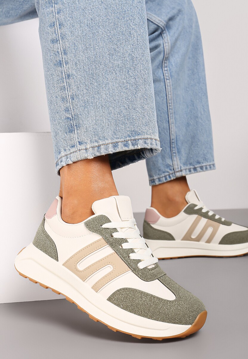 Zielone Sznurowane Sneakersy na Płaskiej Podeszwie Ozdobione Paskami Nevlaia