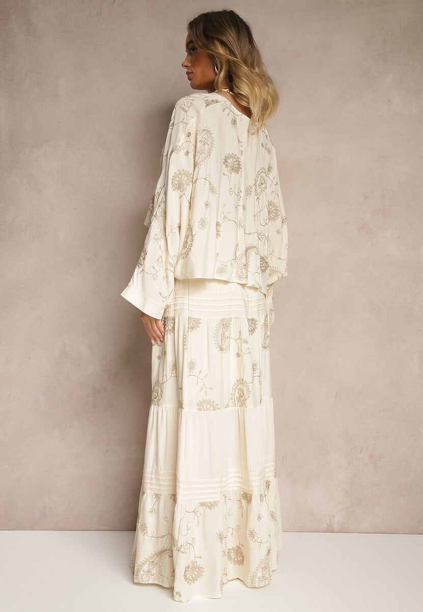 Beżowy Wiskozowy Komplet Boho z Koszulą o Nietoperzowym Kroju i Spódnicą Separia
