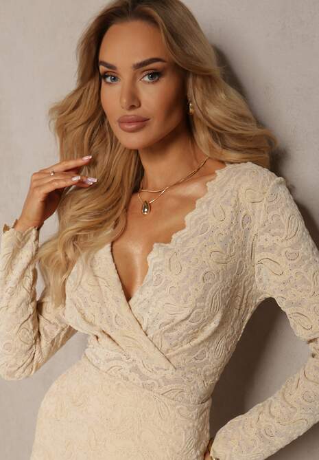 Beżowa Taliowana Sukienka Koronkowa Mini z Kopertowym Dekoltem Jorinda