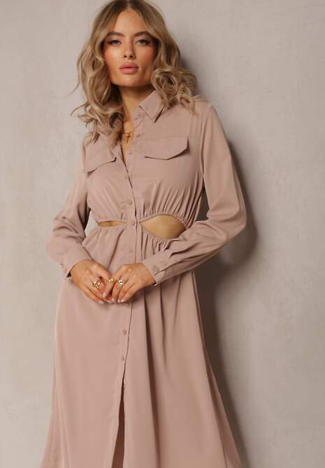 Beżowa Sukienka Koszulowa Pumpa