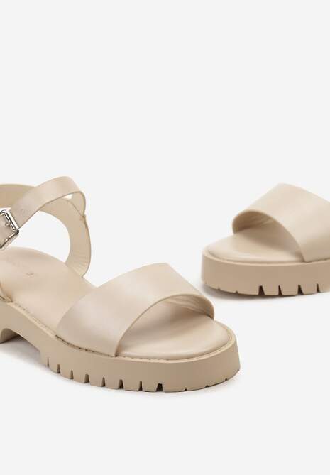 Beżowe Sandały na Grubej Podeszwie z Gładkiej Ekoskóry ze Sprzączką Drusa