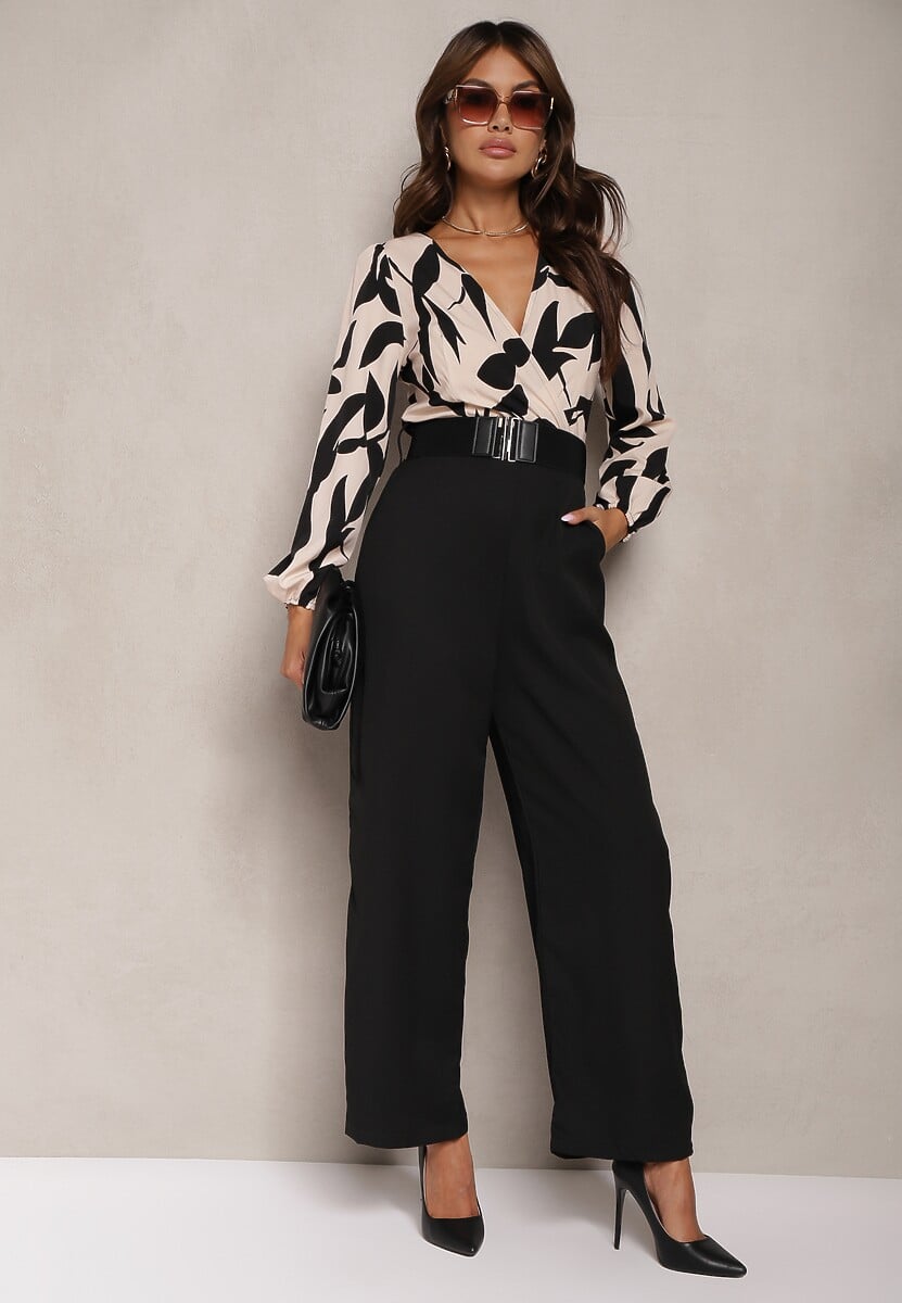 Beżowo-Czarny Długi Kombinezon z Kontrastową Górą i Pasem w Talii Bintia