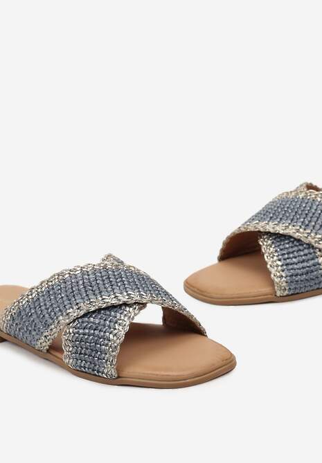 Niebieskie Ozdobnie Plecione Klapki na Płaskiej Podeszwie Neirika