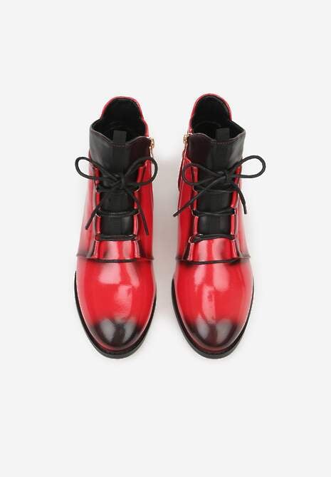 Czerwono-Czarne Botki Lakierowane na Płaskiej Podeszwie ze Sznurowaniem Mivalia