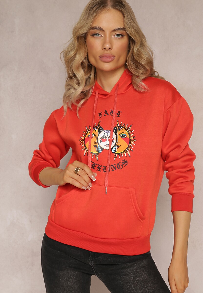 Pomarańczowa Bluza Kangurka z Nadrukiem i Kapturem Uvella