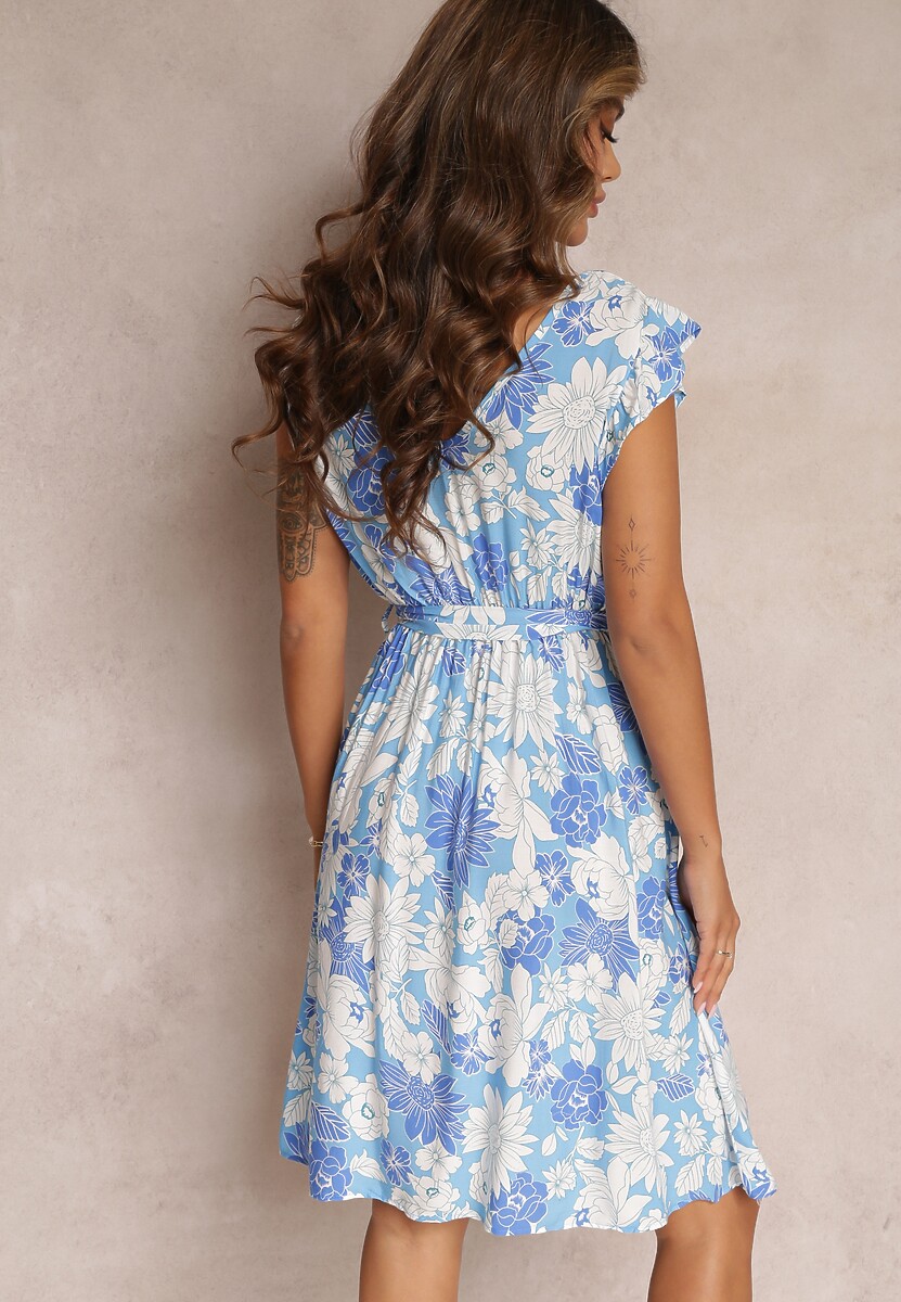 Niebieska Rozkloszowana Sukienka z Wiskozy i Wiązanym Paskiem Anzio