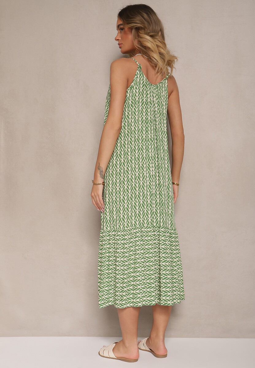 Zielona Sukienka z Bawełny Ozdobiona Geometrycznym Motywem Nilavionea