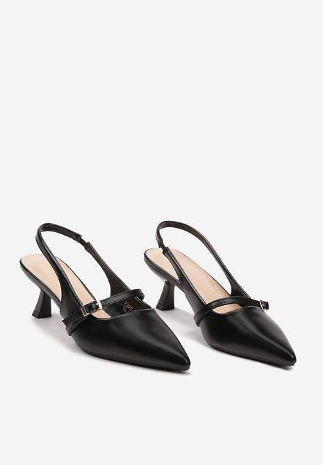 Czarne Sandały z Odkrytą Piętą na Obcasie Kaczuszka Zapinane na Sprzączkę Alluana