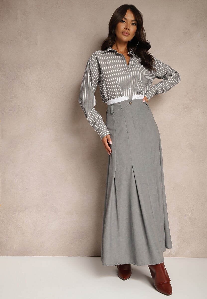 Szara Spódnica Długa Rozkloszowana High Waist Leoraia